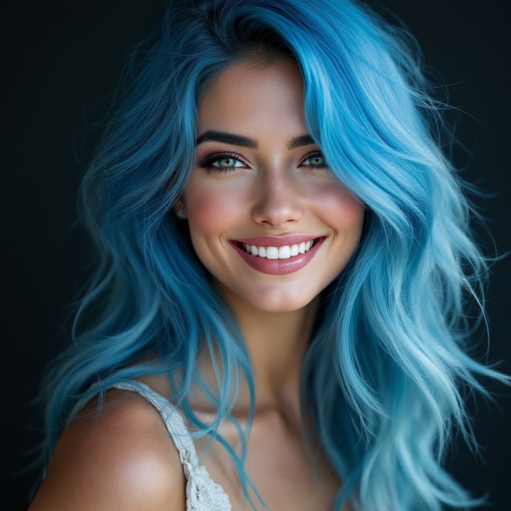 AI generated: professional portrait a stunning woman wearing blue hair with a smile, in the style of animated gifs...