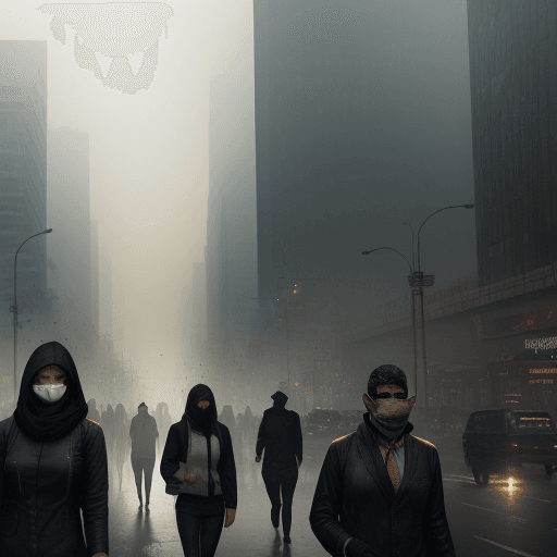 AI generated: city of pollution, with acid rain in the city, realistic, no huge smoke cloud, people walking around...