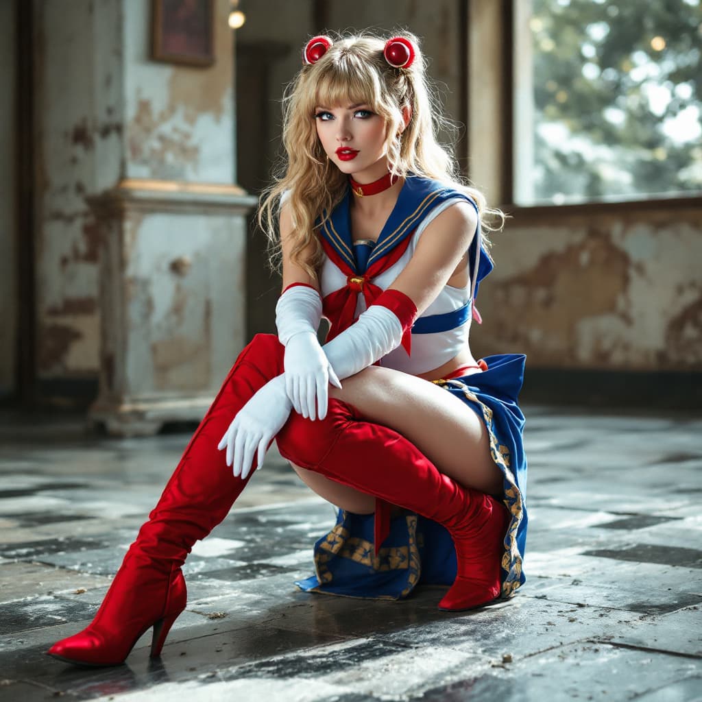 AI generated:  Taylor swift ,hot sailormoon cosplay ,posing , epic action scene,real photo,full body,young,sweet,m...