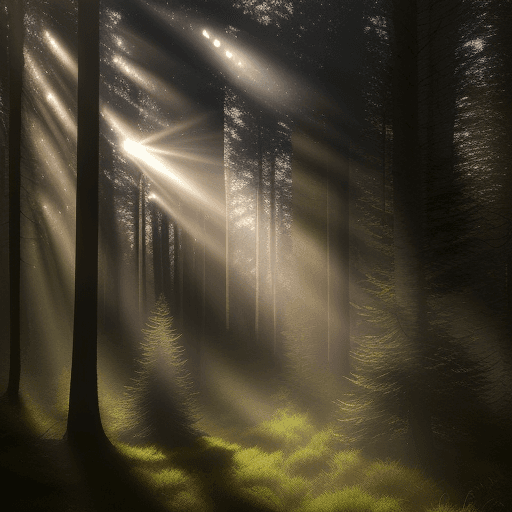 AI generated: "Create a vivid 3D scene in which sunlight filters through a dense forest of coniferous trees. Captu...