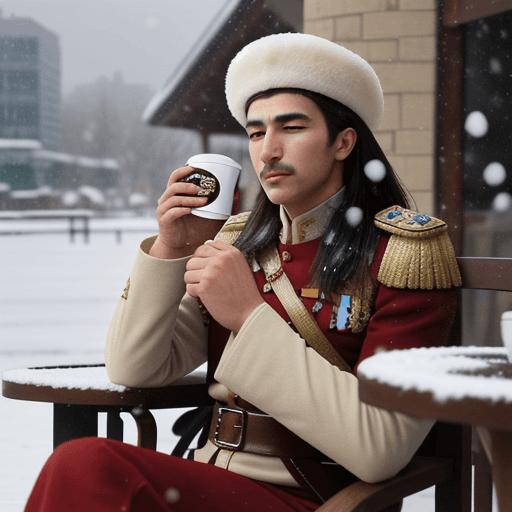 AI generated: Photo of a ultra realistic  ottoman soldier in Starbucks drinking latte. Outside snowing. 
