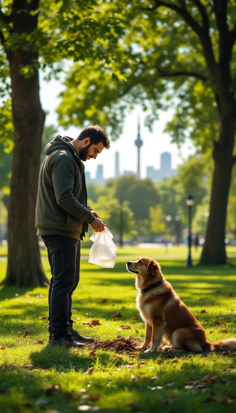 AI generated: A man is cleaning up after his dog in a park in Tehran. He holds a plastic bag in his hand as he ben...