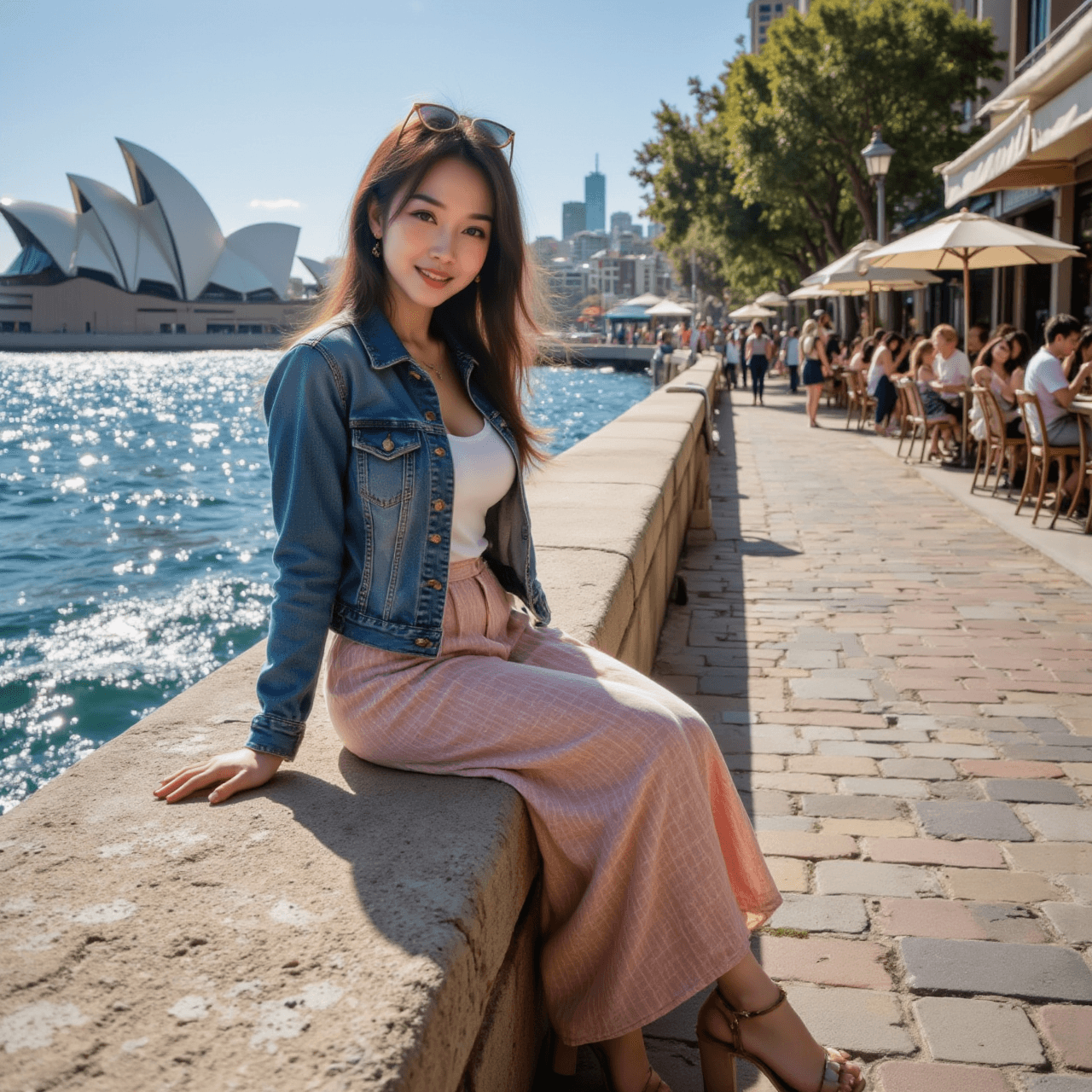 AI generated: A vibrant, ultra-realistic, wide-angle travel photograph of a young, happy East Asian woman in her e...