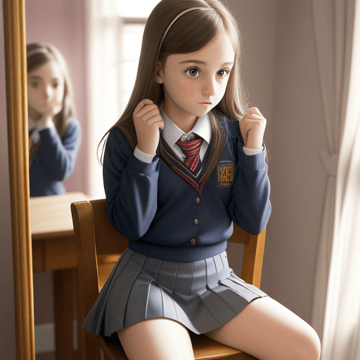 AI generated: 12 year old girl school uniform mini skirt sitting down looking in mirror showing underwear 