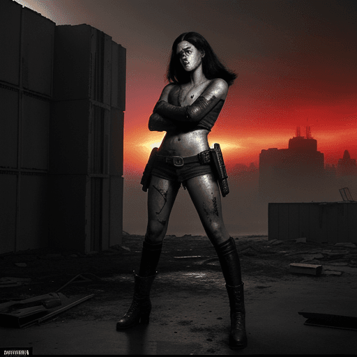 AI generated: High contrast artwork, brutalism, a girl in post-apocalyptic world. Dystopian spaceship in the backg...