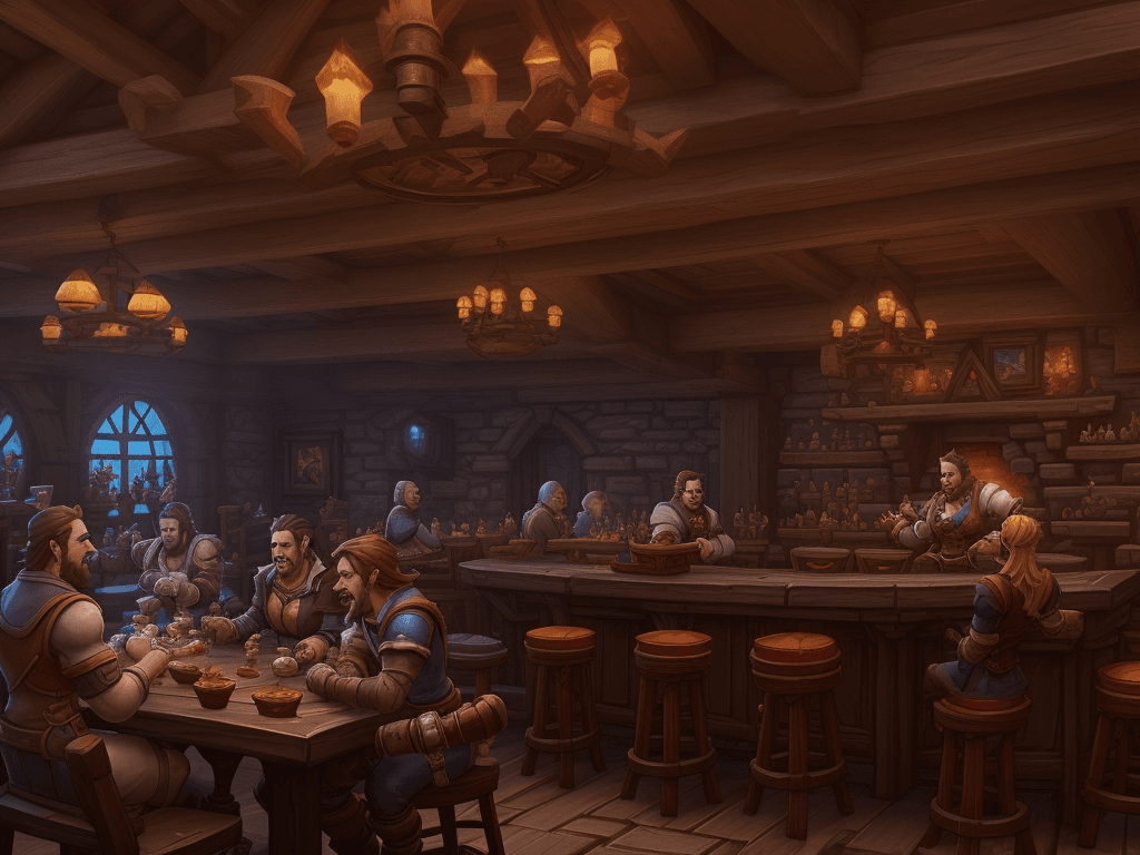 AI generated: hearth tavern, video game, guests around tables, playing role game, d20, hearthstone theme, panorami...
