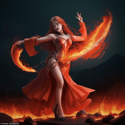 AI generated: she is a gorgeous woman-like being created out of fire and ashes ((she is coming out of molten lava)...