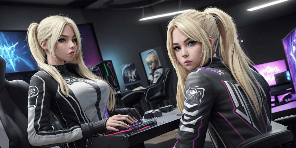 AI generated: gamer woman standing in a game room, (ashleyBenson:1.1), ((platinum-blonde)), standing, dynamic angl...