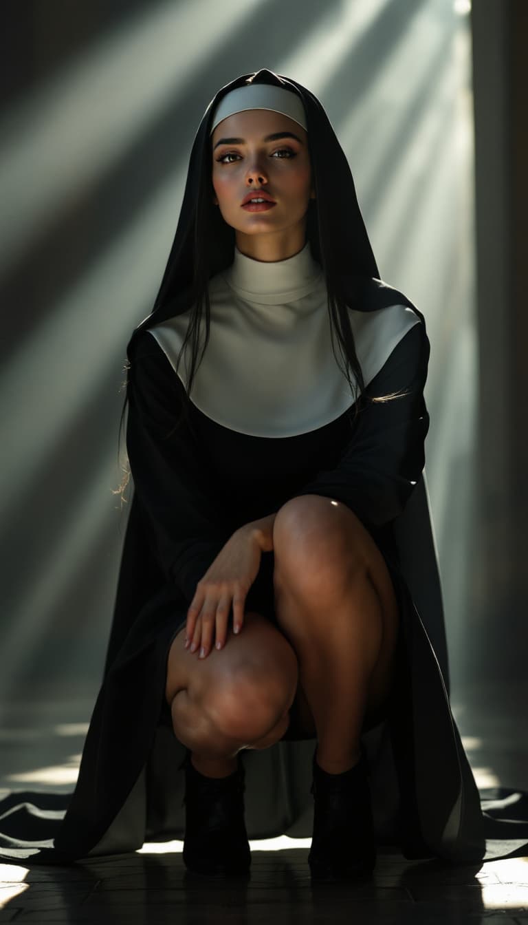 AI generated: Hyper realistic full body view of beautiful 18yo nun, indigen Face, long legs, Long Black Hair, very...