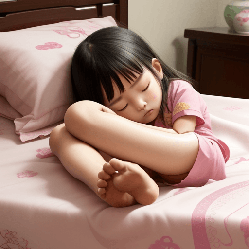 AI generated: Chinese 8-year-old girl falls asleep, feet on sheets