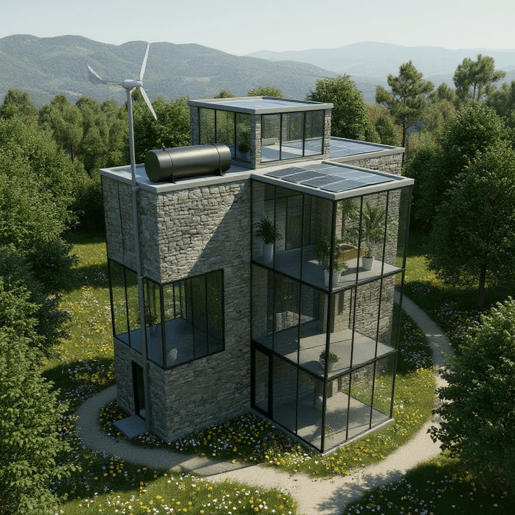 AI generated: Make this building one tall level. Add a roof top window in the center