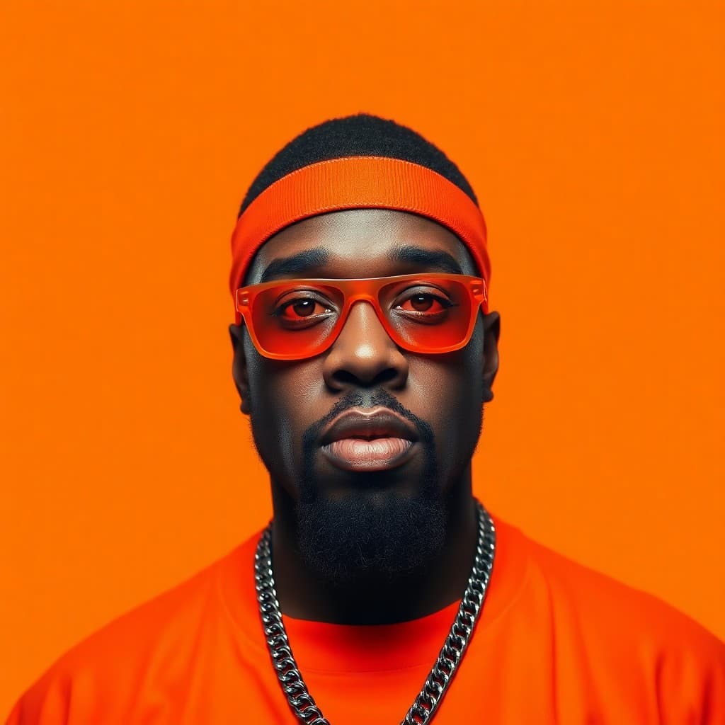 AI generated: Jay-Z Wearing Orange Prison Jumpsuit, Boss Feel, WitchPunk, Y2K Style, plain background, no backgrou...