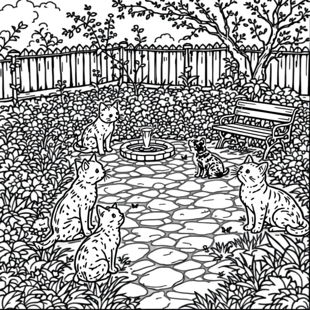 AI generated: Create a high-resolution black-and-white line drawing of cats and dogs playing in a garden. Include ...