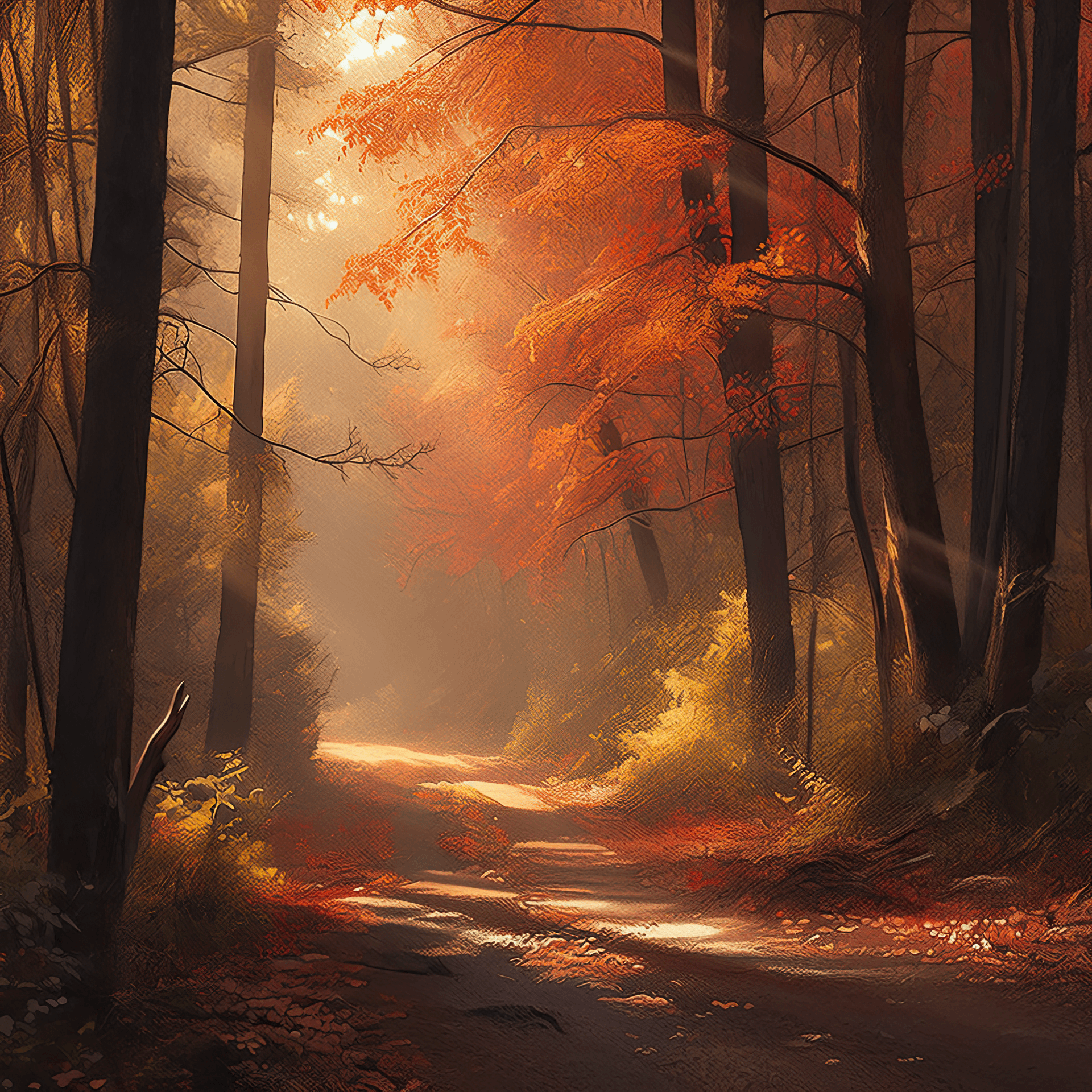 AI generated: A picturesque view of a tranquil forest with leaves transitioning from the lush greens of summer to ...