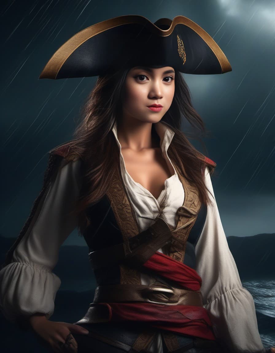 AI generated: waist lenght body shot of a lady pirate in a stormy weather background, dense atmospheric, wet, dark...