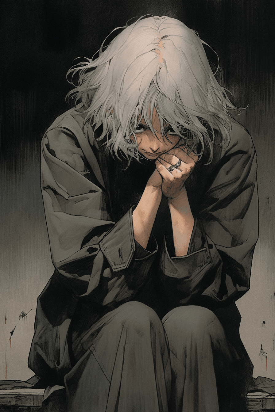 AI generated: A melancholic anime resonating with deep emotions, portraying a troubled character with messy gray h...