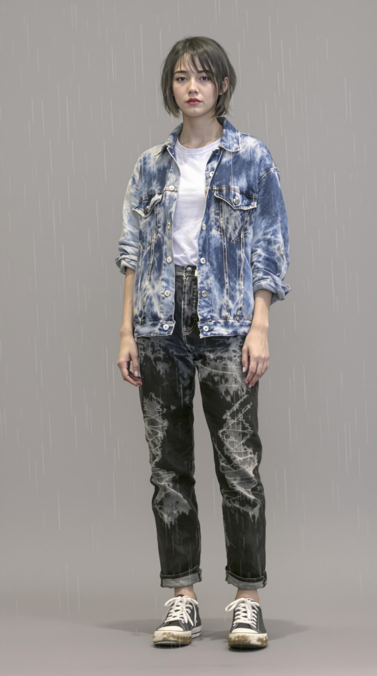 AI generated: ption 1: Shifting Fabric and Translucent Layers

A single girl wearing a casual outfit, but the clot...