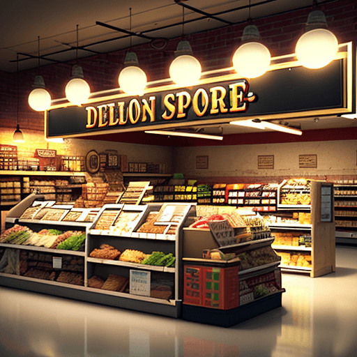 AI generated: deli section, spotlight 3d text
