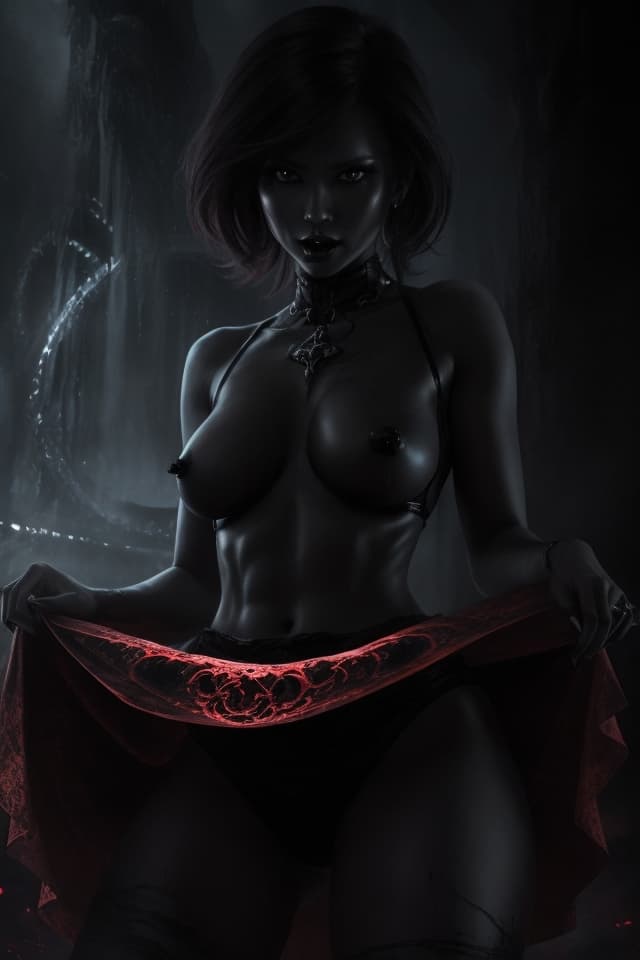 AI generated: a beautiful and evil looking woman in a costume, hotify1.2, in the style of devilcore, clownpunk, ta...