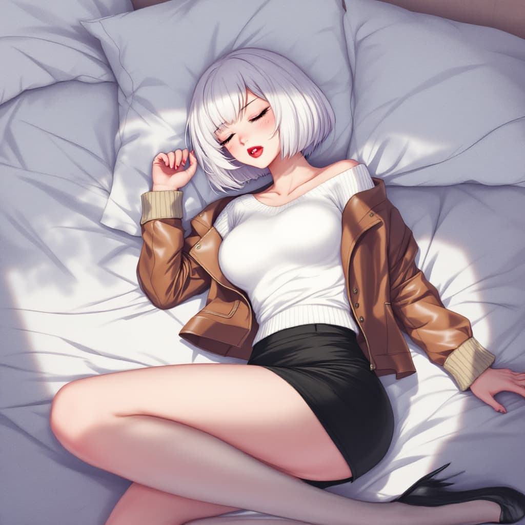 AI generated: anime, woman, white hair, bob cut, closed eyes, freckles, red lips, white sweater, tight sweater, sh...