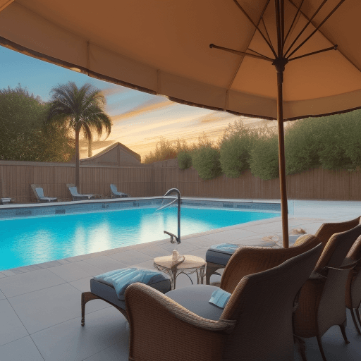 AI generated:  large outside pool with chairs