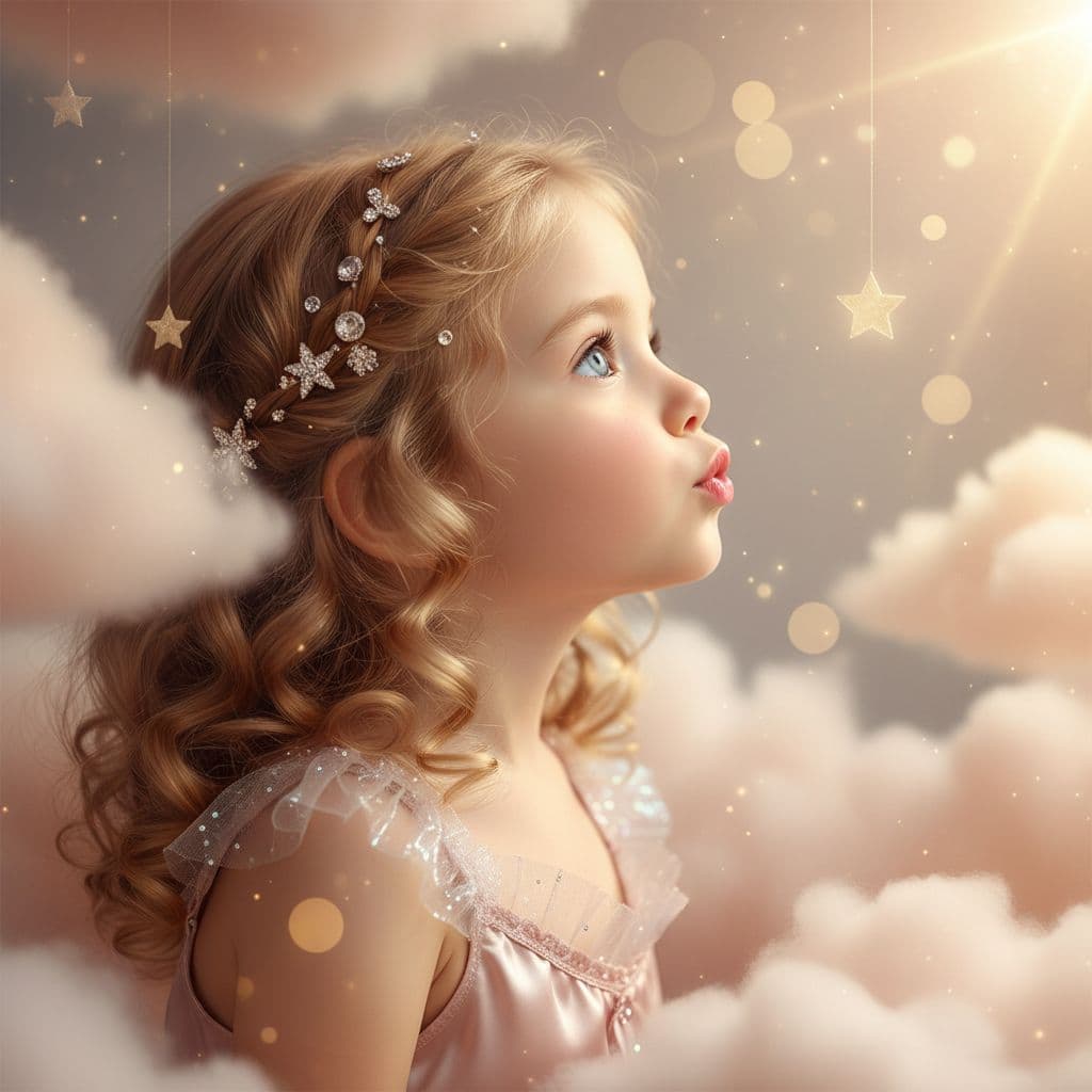 AI generated: De perfil, pequeña y adorable niña, de cabellos de oro adornados de pequeñas piedras preciosas engar...