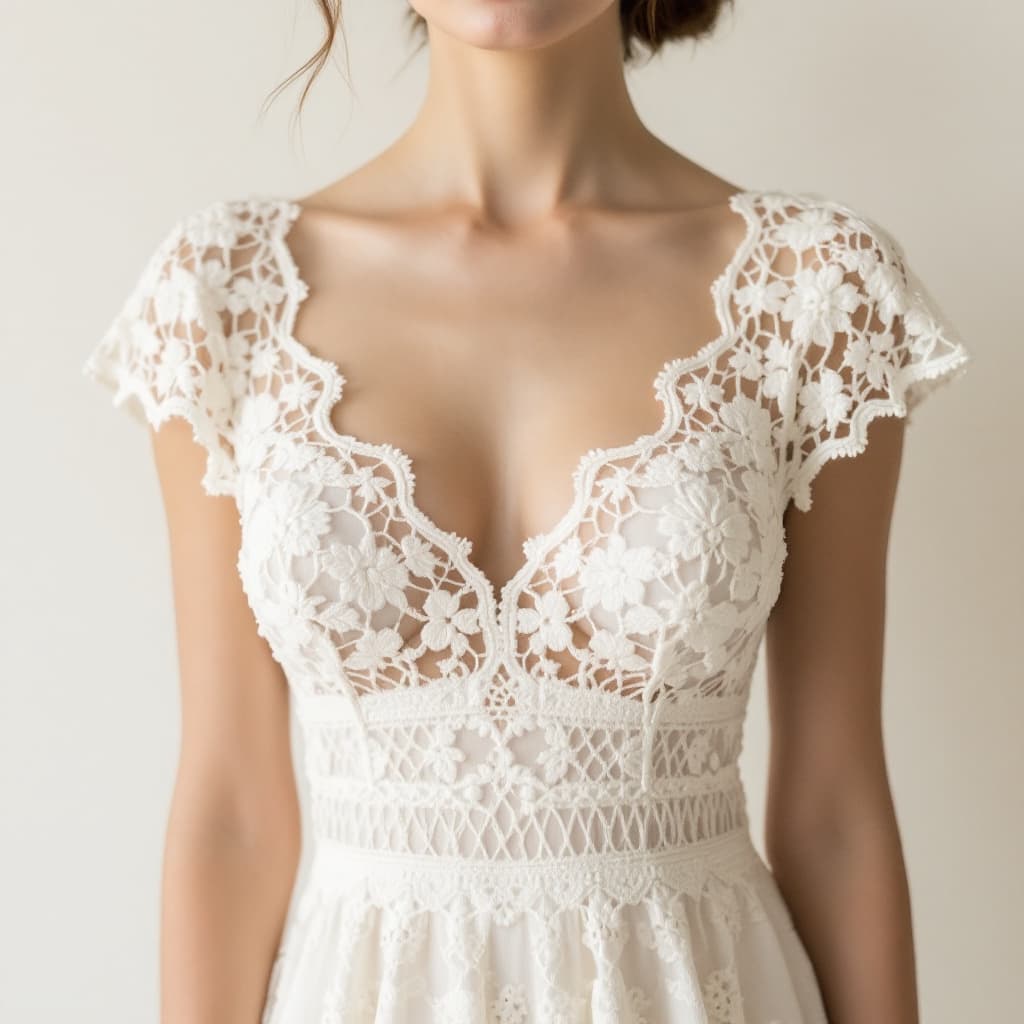 AI generated: "A simple yet elegant wedding dress made entirely of crochet. The dress features a minimalist design...