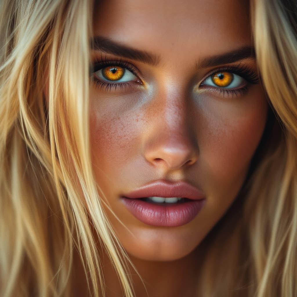 AI generated: A close-up color portrait of an Australian woman with orange colored eyes, long straight blonde hair...