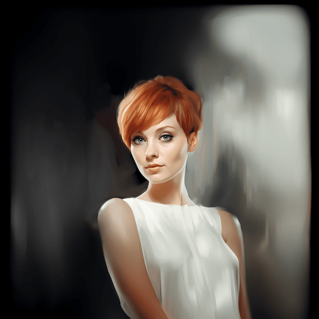 AI generated: perfect honey eyes, short eyebrows, round face, beautiful look, detailed elegant white dress, elegan...