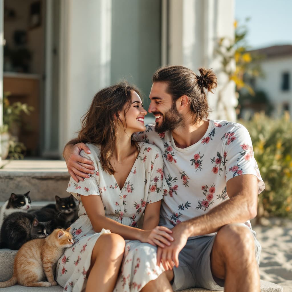 AI generated: A young happy couple is sitting on the steps of an apartment that stands on the beach, enjoying a wa...