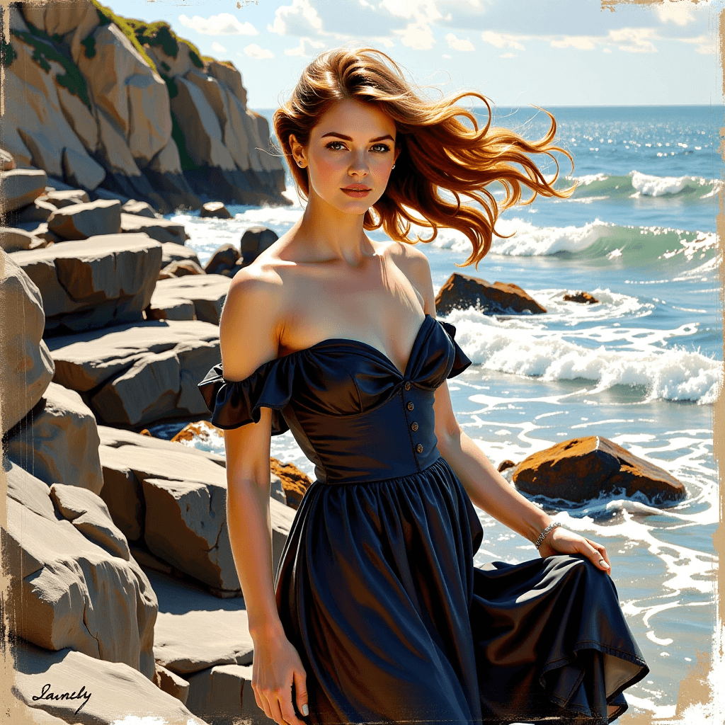 AI generated: An elegant portrait of a woman in a flowing dress, her hair swept by the sea breeze, captured with c...