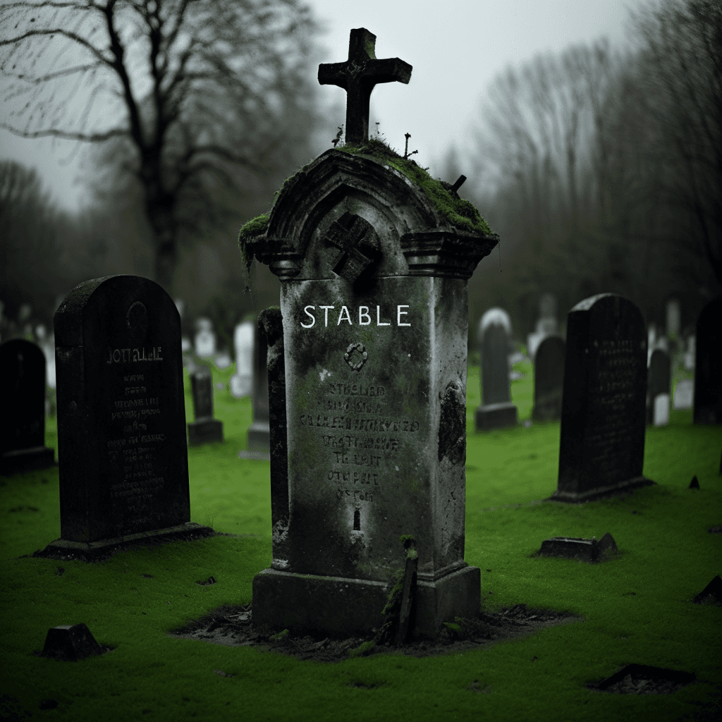 AI generated: ancient stone grave full of damage and rust with single word ((large letters "STABLE")), surrounded ...