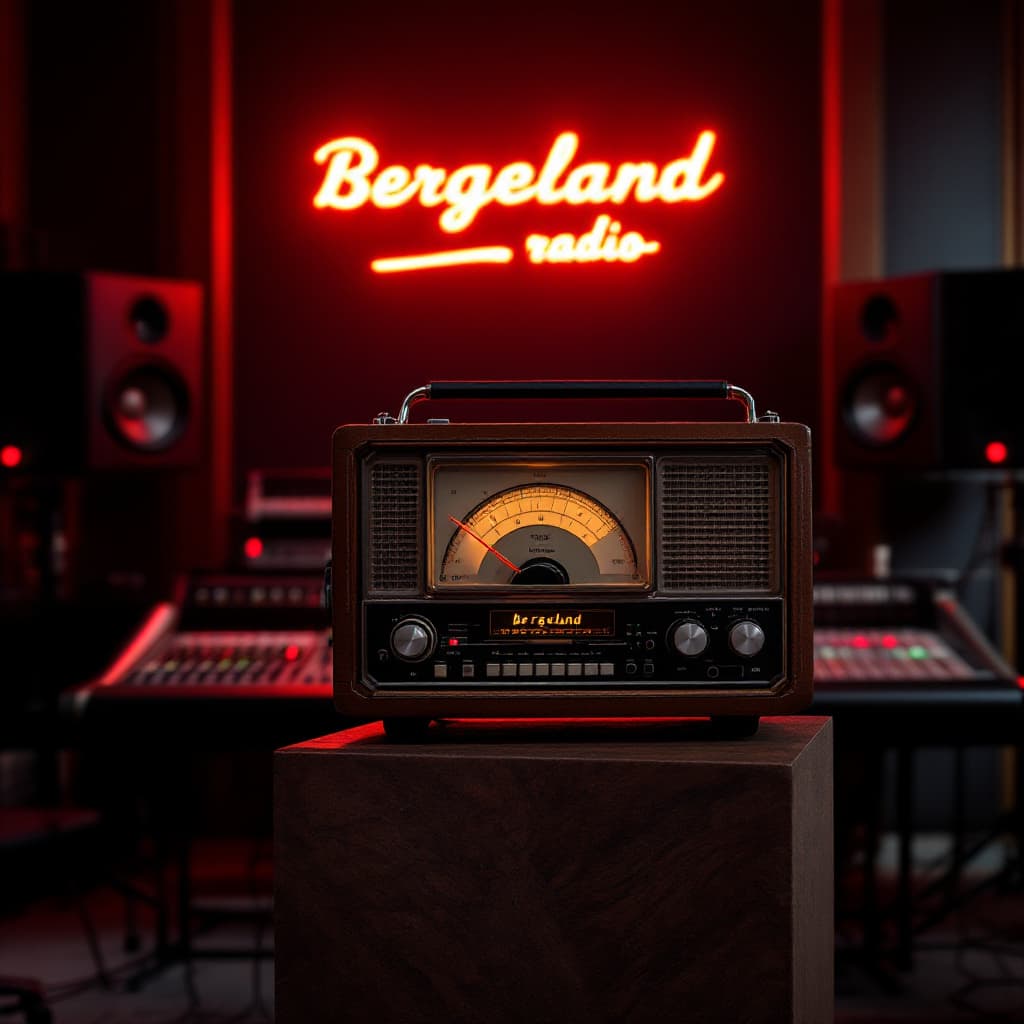 AI generated: hyper realistic old tube radio on a pedestal in front of a mixing console in a recording studio with...