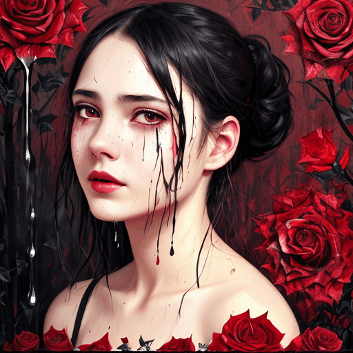 AI generated: a 17 yo girl's face, crying, black veins, dripping oil, predatory plants, (dead roses:1.1) around, i...