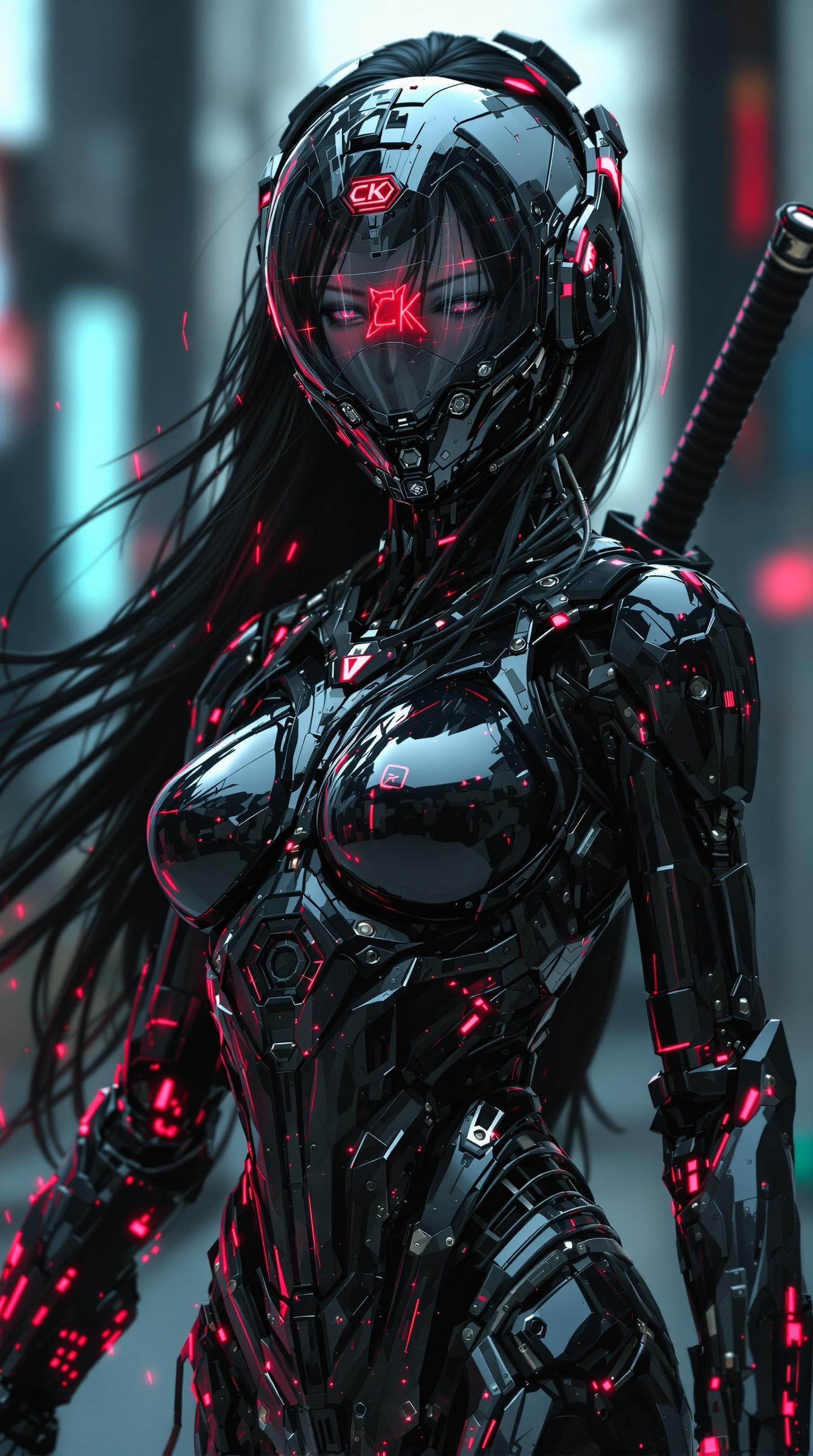AI generated: in the style of ck-sfc, female cyberpunk robot samurai, robot face with mirrored face shield, transp...