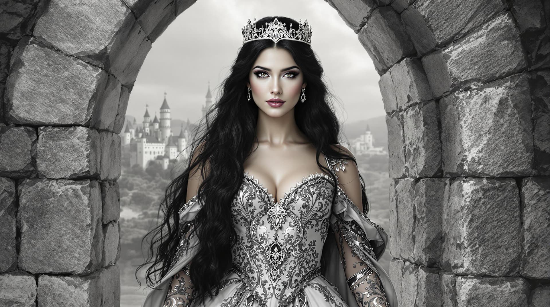 AI generated: A regal figure stands poised within a stone archway, her expression conveying a blend of strength an...
