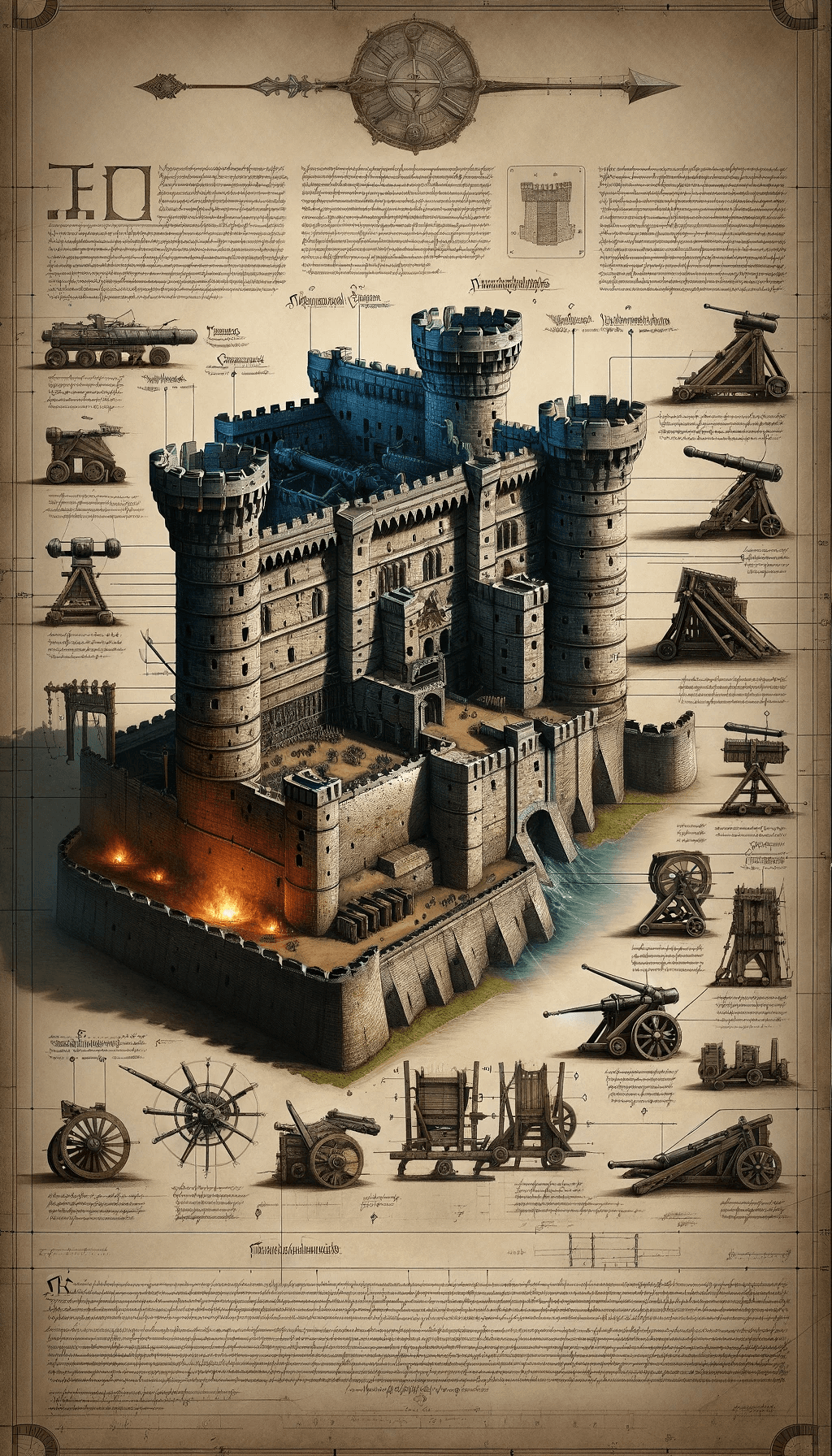 AI generated: A detailed digital manuscript of a medieval castle's architecture, with a focus on its defensive str...