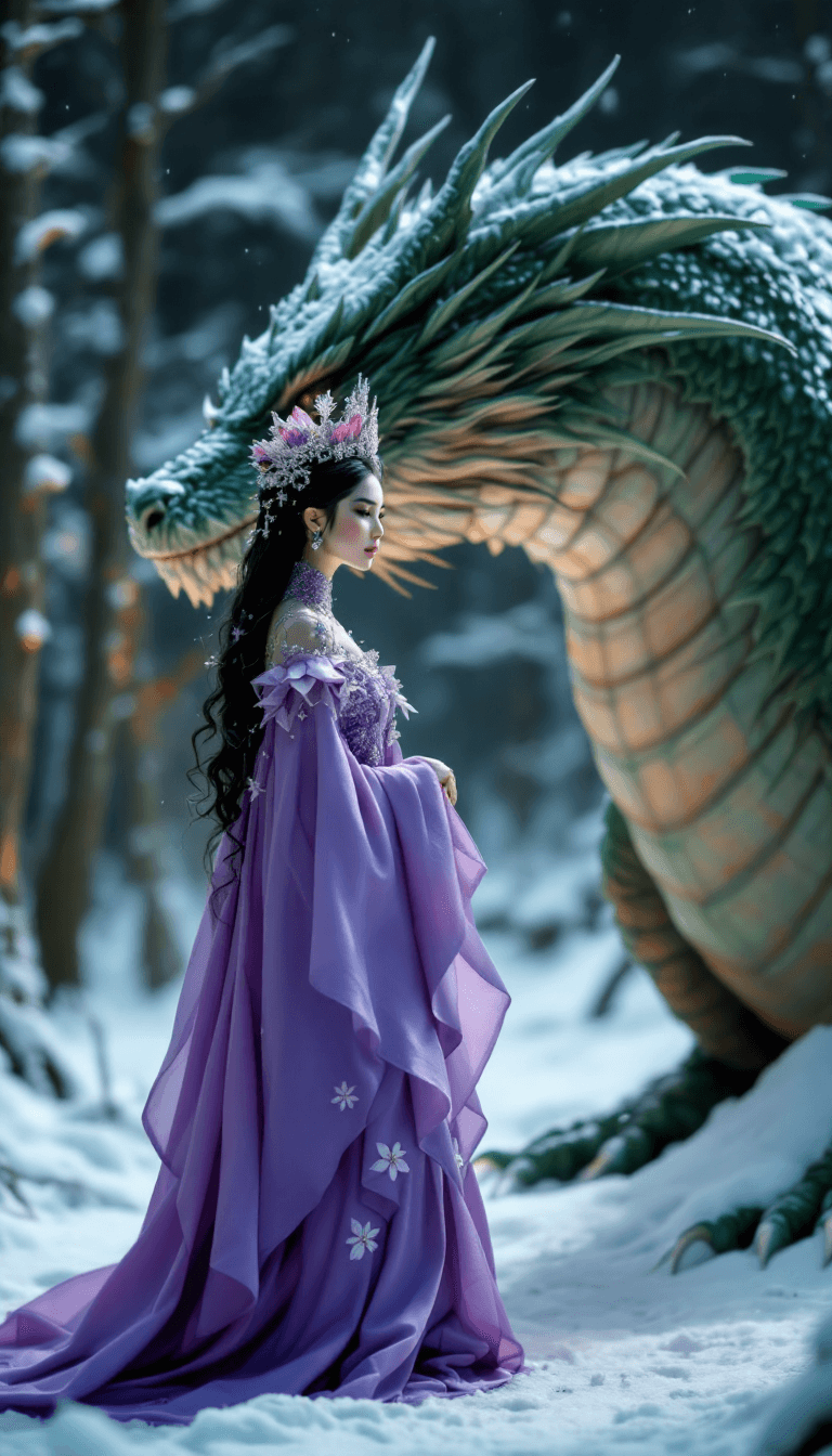 AI generated: candid closeup photo of an eccentric traditional lotus queen, standing next to a gigantic real green...