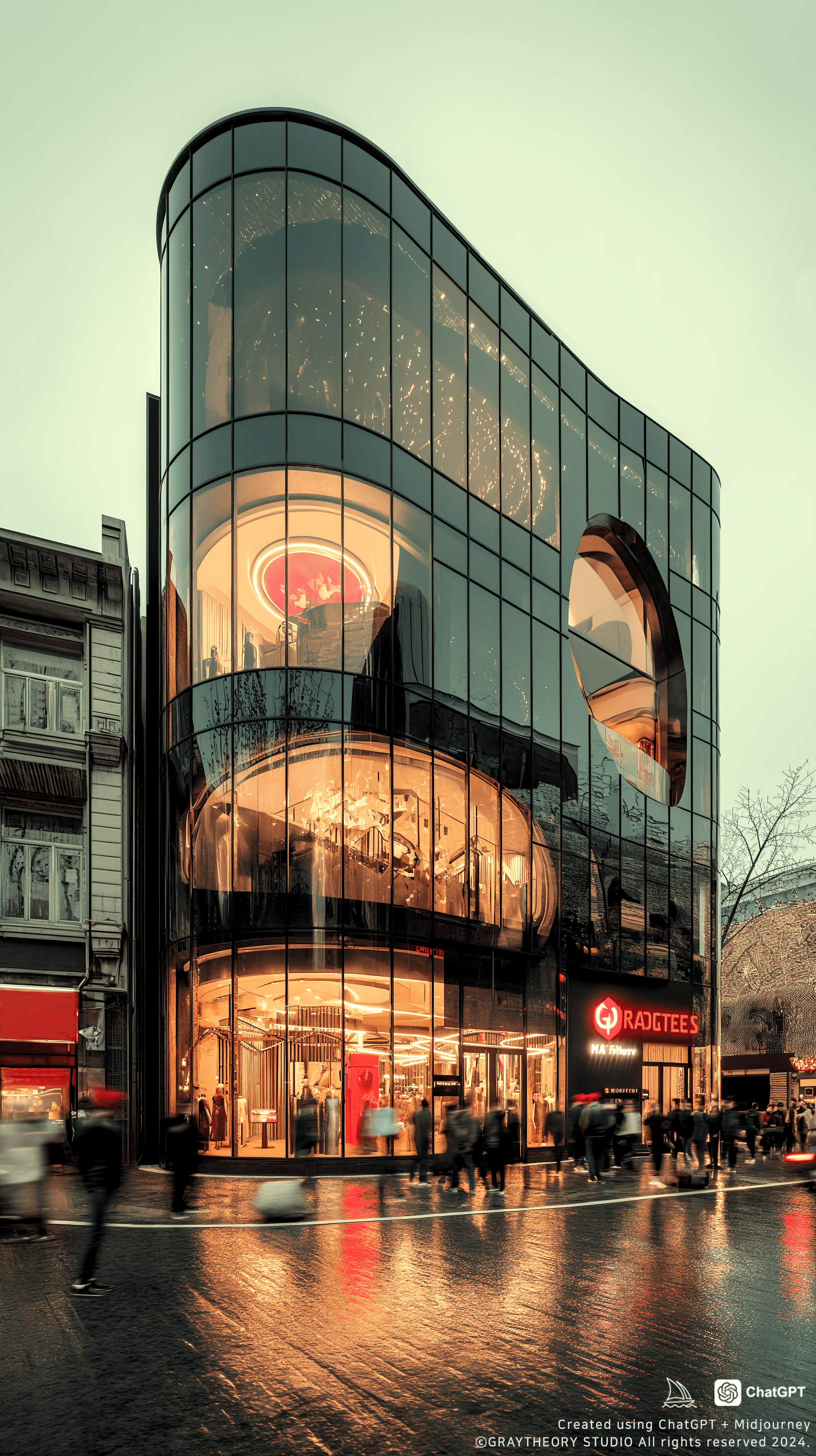 AI generated: photorealistic, canon EOS 5d, minimalistic medium scale building, geometric shaped outline, expert, ...