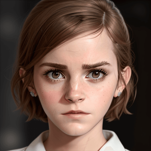 AI generated: Emma Watson, Extreme close-up face, symmetrical face,worried.