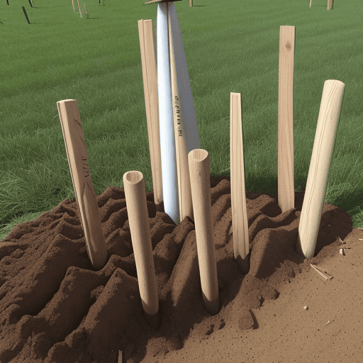 AI generated:  1 wooden stakes planted in the ground, tip upwards, aligned and spaced 1.5m apart, they measure 1.5...