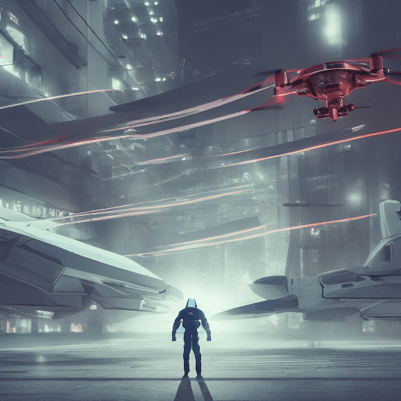 AI generated: fighter pilot stands beside futuristic sci fi fighter dron ,(dji phanthon ),landed at runway of cybe...
