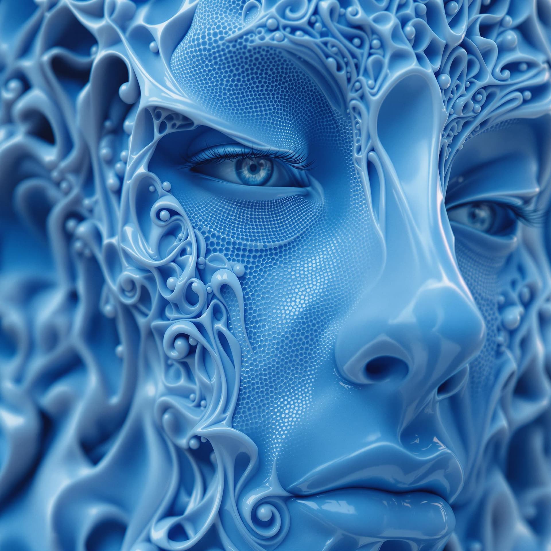 AI generated:  Hyper-realistic vivid digital art. Close up. Blue abstract head with classic Scandinavian features ...