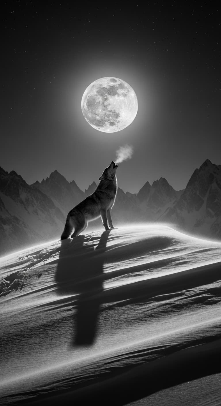 AI generated: Black and white photograph of a lone wolf howling at the moon, night, sharp focus on the wolf, snowy...
