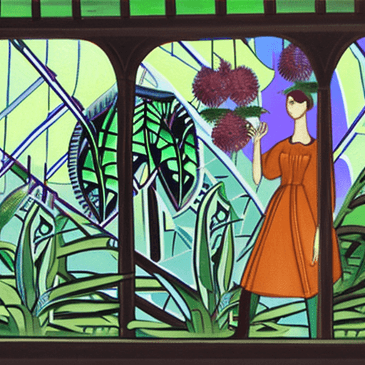 AI generated: Art Nouveau painting of a female botanist surrounded by exotic plants in a greenhouse.