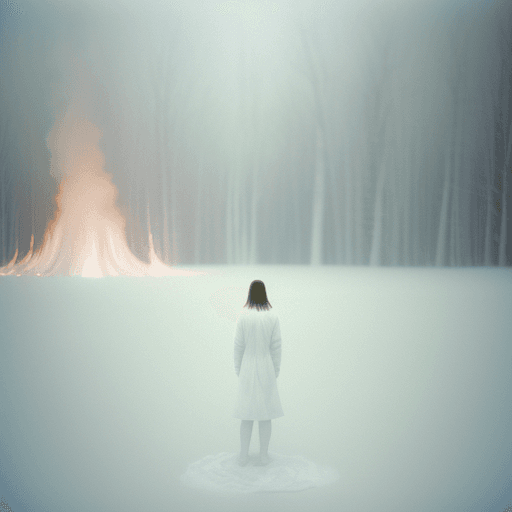 AI generated: a single women standing in a white fire, brushed white paint, by Whitney Sherman, fading off into th...