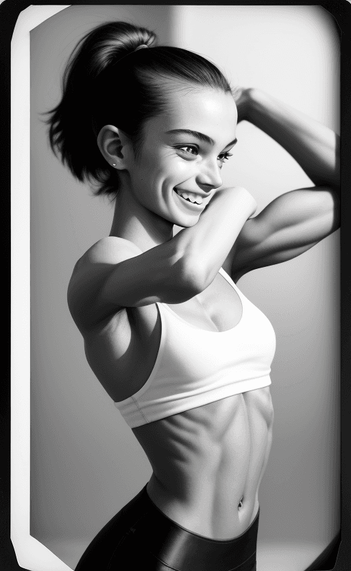 AI generated:  polaroid, Brutalist high Fashion waist up photo of a 18 year old French female radiant yoga instruc...