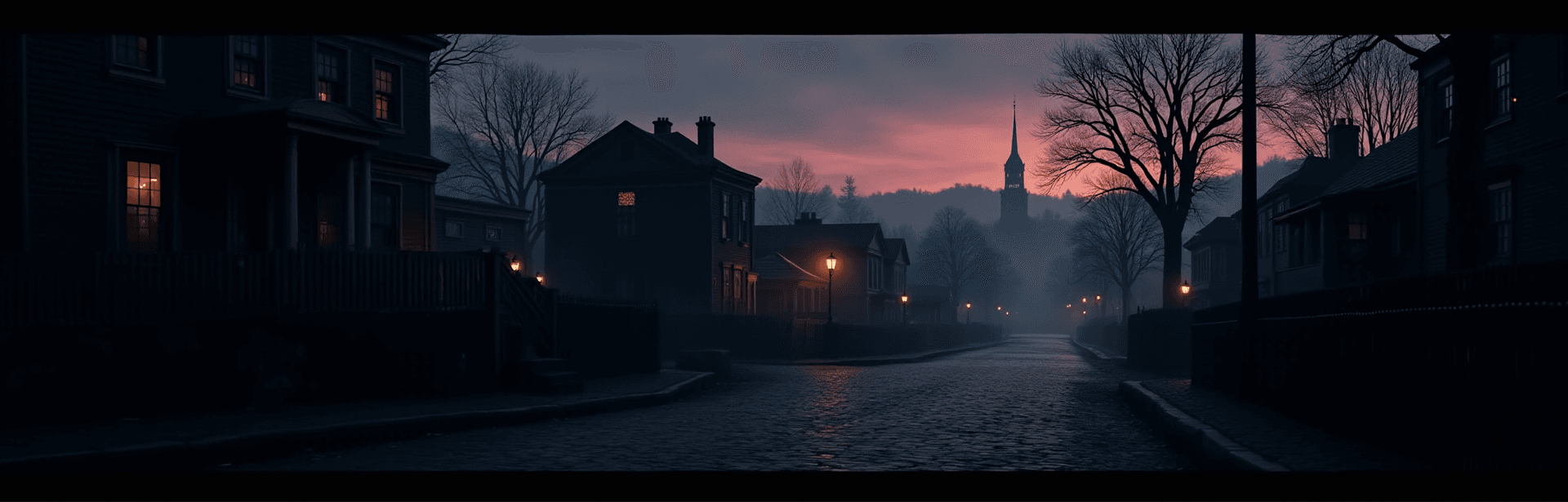 AI generated: Create an atmospheric and engaging full-width establishing shot of the town of Salem at twilight for...