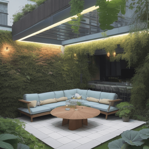 AI generated: high resolution photography landscape design, absolutely open space snack-bar and blended with the g...
