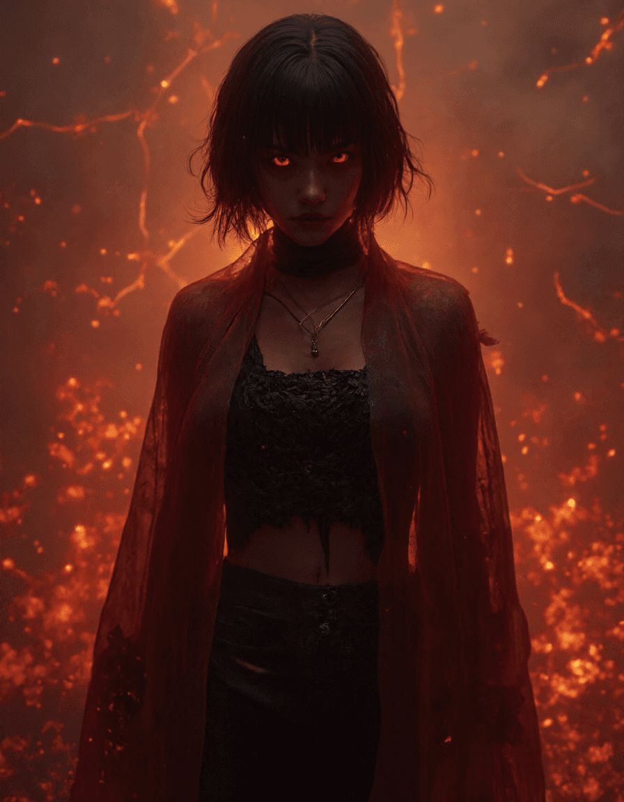 AI generated: Hell fashion photo of a 24 year old asian female elegant matriarch, Demonic shadowy veil skin, natur...